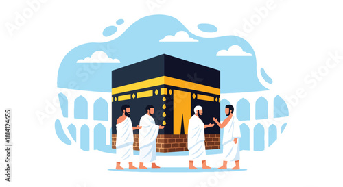 Pilgrims in ihram performing Tawaf around the Kaaba in Masjid al-Haram. Ideal for Islamic education, Hajj guides, Umrah content, travel visuals, and spiritual illustrations