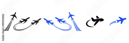 Vector art of flying plane with trail symbol, aeroplane icon with trace path, flight, travel, fly, jet, aircraft, aeroplane.Collection of airplane icon and silhouette with flight trail.