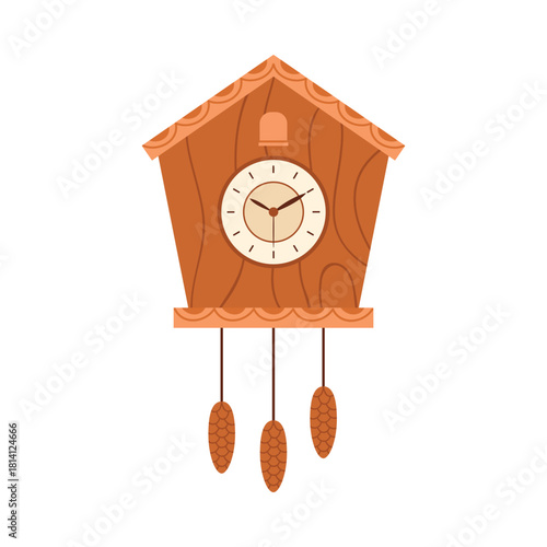 Cute antique wall clock with cuckoo, hanging pine cone pendulums vector illustration
