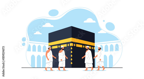 Pilgrims in ihram performing Tawaf around the Kaaba in Masjid al-Haram. Ideal for Islamic education, Hajj guides, Umrah content, travel visuals, and spiritual illustrations