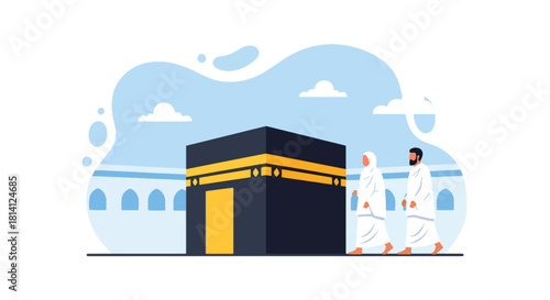 Pilgrims in ihram performing Tawaf around the Kaaba in Masjid al-Haram. Ideal for Islamic education, Hajj guides, Umrah content, travel visuals, and spiritual illustrations