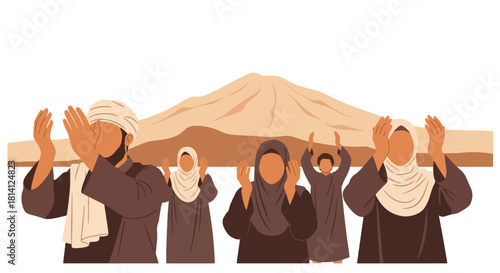 Pilgrims performing Wuquf at Arafat, raising hands in prayer on Hajj day. Ideal for Islamic education, pilgrimage themes, spirituality visuals, and worship illustrations
