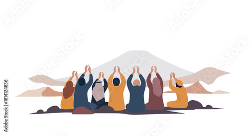 Pilgrims performing Wuquf at Arafat, raising hands in prayer on Hajj day. Ideal for Islamic education, pilgrimage themes, spirituality visuals, and worship illustrations