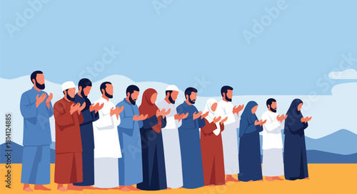 Pilgrims performing Wuquf at Arafat, raising hands in prayer on Hajj day. Ideal for Islamic education, pilgrimage themes, spirituality visuals, and worship illustrations