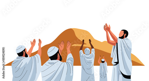 Pilgrims performing Wuquf at Arafat, raising hands in prayer on Hajj day. Ideal for Islamic education, pilgrimage themes, spirituality visuals, and worship illustrations