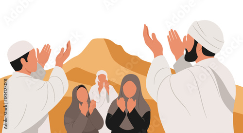 Pilgrims performing Wuquf at Arafat, raising hands in prayer on Hajj day. Ideal for Islamic education, pilgrimage themes, spirituality visuals, and worship illustrations