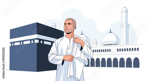 Muslim man adjusting his ihram at miqat before starting Hajj. Ideal for pilgrimage guides, Islamic education content, travel visuals, and ritual explanation designs