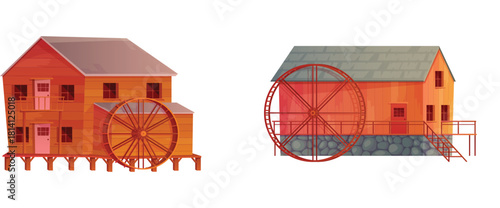 Old wooden and stone water mill building with waterwheel in village vector illustration