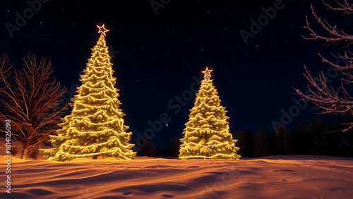 Two illuminated christmas trees stand majestically in a snow covered field under a dark, starry night sky