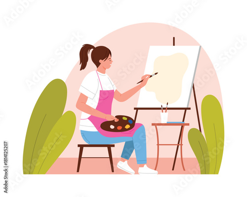 Woman painting with brush on canvas, artist holding palette vector illustration
