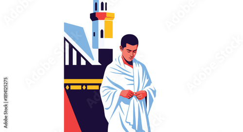 Muslim man adjusting his ihram at miqat before starting Hajj. Ideal for pilgrimage guides, Islamic education content, travel visuals, and ritual explanation designs