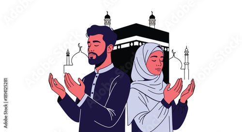 Pilgrims raising hands in dua facing the Kaaba during Umrah. Ideal for spiritual content, Islamic education, worship illustrations, and pilgrimage themes