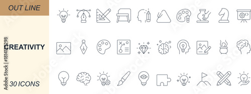 Creativity icon set with minimal line art designs of idea, lightbulb, brain, imagination, design, art, painting, and innovation. Perfect for apps, web, business, and UI projects.