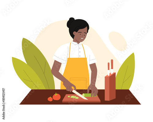 Woman in chefs uniform and apron cutting vegetables on board with kitchen knife vector illustration