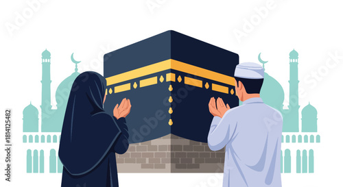 Pilgrims raising hands in dua facing the Kaaba during Umrah. Ideal for spiritual content, Islamic education, worship illustrations, and pilgrimage themes