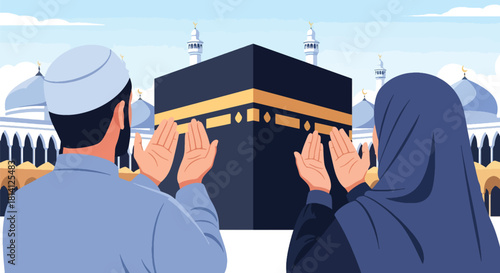Pilgrims raising hands in dua facing the Kaaba during Umrah. Ideal for spiritual content, Islamic education, worship illustrations, and pilgrimage themes