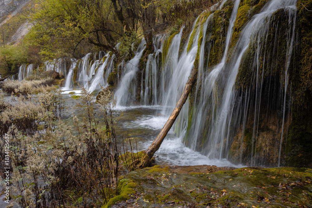 Obraz premium The Arrow Bamboo Lake Waterfall in Jiuzhaigou National Park is a famous tourist attraction in Sichuan, especially during the autumn leaves season, China