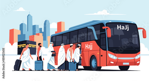 Pilgrims in ihram boarding a Hajj transport bus for their journey. Ideal for travel guides, pilgrimage logistics illustrations, and Islamic educational content
