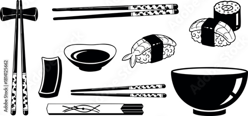 Sushi set with chopsticks soy sauce bowl and rice rolls black and white vector illustration