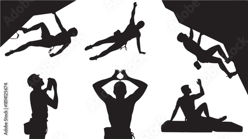 Set of rock climber silhouettes various poses of people climbing vector illustration isolated on white background