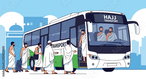Pilgrims in ihram boarding a Hajj transport bus for their journey. Ideal for travel guides, pilgrimage logistics illustrations, and Islamic educational content