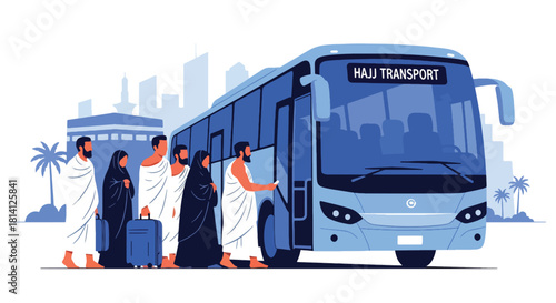 Pilgrims in ihram boarding a Hajj transport bus for their journey. Ideal for travel guides, pilgrimage logistics illustrations, and Islamic educational content