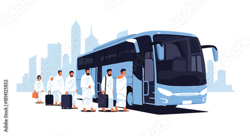 Pilgrims in ihram boarding a Hajj transport bus for their journey. Ideal for travel guides, pilgrimage logistics illustrations, and Islamic educational content
