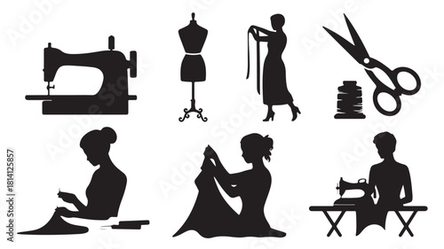 Silhouettes of sewing tools and tailors vector illustration of dressmaking and needlework isolated on white background