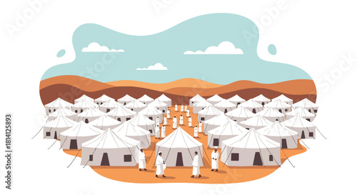 Rows of white tents in Mina with pilgrims walking between pathways. Ideal for Hajj logistics visuals, pilgrimage education, and Islamic travel illustrations