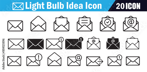 Various mail and email icons showing open closed and notification states in outline and solid