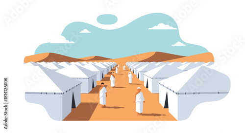 Rows of white tents in Mina with pilgrims walking between pathways. Ideal for Hajj logistics visuals, pilgrimage education, and Islamic travel illustrations