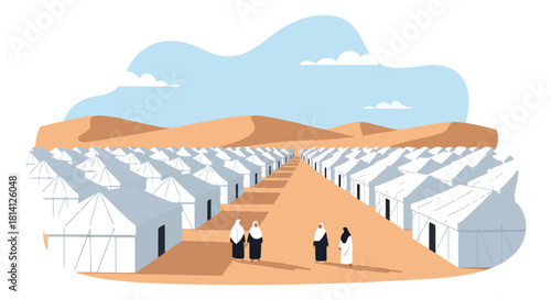 Rows of white tents in Mina with pilgrims walking between pathways. Ideal for Hajj logistics visuals, pilgrimage education, and Islamic travel illustrations