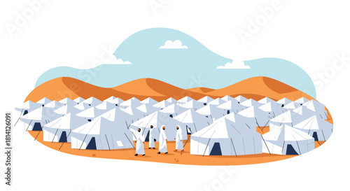 Rows of white tents in Mina with pilgrims walking between pathways. Ideal for Hajj logistics visuals, pilgrimage education, and Islamic travel illustrations