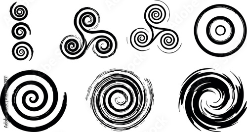 Black spiral vortex swirl icons set vector collection of abstract circular shapes design elements