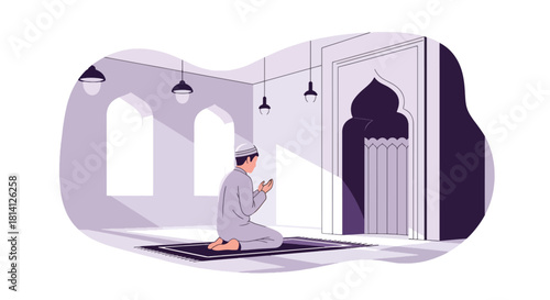 Muslim pilgrim praying inside mosque with soft minimal architecture. Ideal for worship visuals, Islamic education, prayer themes, and spiritual lifestyle designs