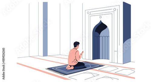 Muslim pilgrim praying inside mosque with soft minimal architecture. Ideal for worship visuals, Islamic education, prayer themes, and spiritual lifestyle designs