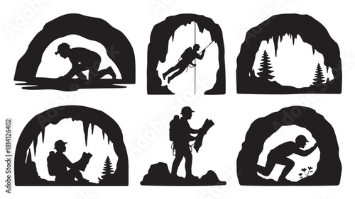 Set of cave exploration silhouette icons vector illustration of spelunking and adventure isolated on white background