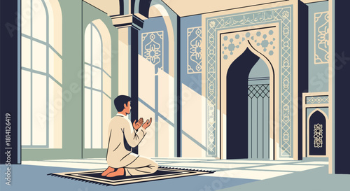 Muslim pilgrim praying inside mosque with soft minimal architecture. Ideal for worship visuals, Islamic education, prayer themes, and spiritual lifestyle designs