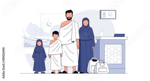 Family preparing for Hajj or Umrah at airport with luggage and passports. Ideal for travel visuals, Islamic family themes, pilgrimage journeys, and spiritual trips