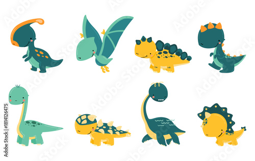 Set of cute hand drawn dinosaurs on a white background. Baby dinosaurs in cartoon style, funny characters for kids design. Flat vector illustration.