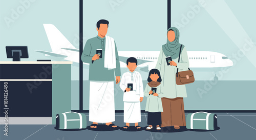 Family preparing for Hajj or Umrah at airport with luggage and passports. Ideal for travel visuals, Islamic family themes, pilgrimage journeys, and spiritual trips