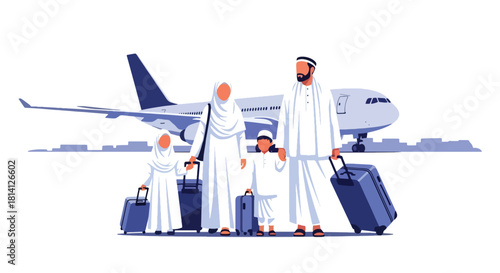 Family preparing for Hajj or Umrah at airport with luggage and passports. Ideal for travel visuals, Islamic family themes, pilgrimage journeys, and spiritual trips