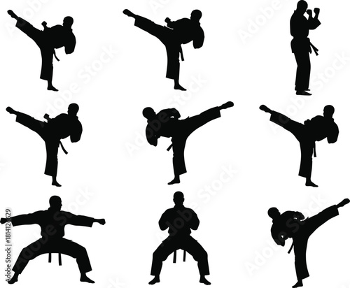 Karate silhouette vector set showing martial artist performing kicks, stances, and poses, ideal for sports, training, and discipline themes