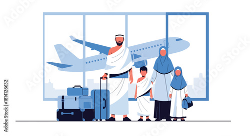 Family preparing for Hajj or Umrah at airport with luggage and passports. Ideal for travel visuals, Islamic family themes, pilgrimage journeys, and spiritual trips