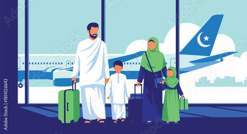 Family preparing for Hajj or Umrah at airport with luggage and passports. Ideal for travel visuals, Islamic family themes, pilgrimage journeys, and spiritual trips
