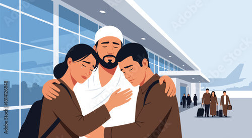 Heartwarming scene of family saying farewell to pilgrim before Hajj journey. Ideal for spiritual travel themes, Islamic family illustrations, and religious storytelling