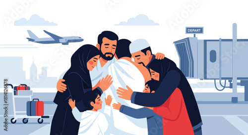 Heartwarming scene of family saying farewell to pilgrim before Hajj journey. Ideal for spiritual travel themes, Islamic family illustrations, and religious storytelling