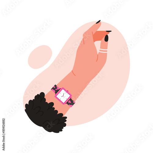 Female hand with black nails, mechanical wrist watch with pink black strap vector illustration