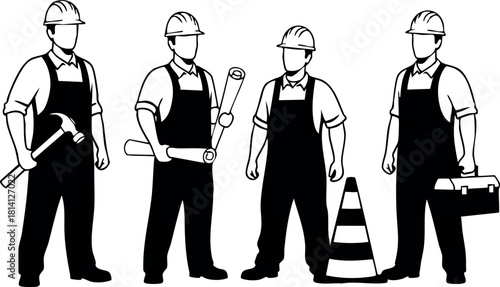 Construction workers with tools safety cone vector illustration silhouette teamwork concept