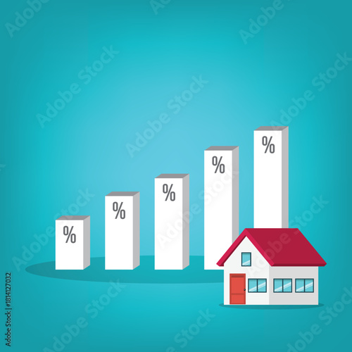 Percentage symbols on increasing high charts bars of next to a house. Increasing interest rates. 